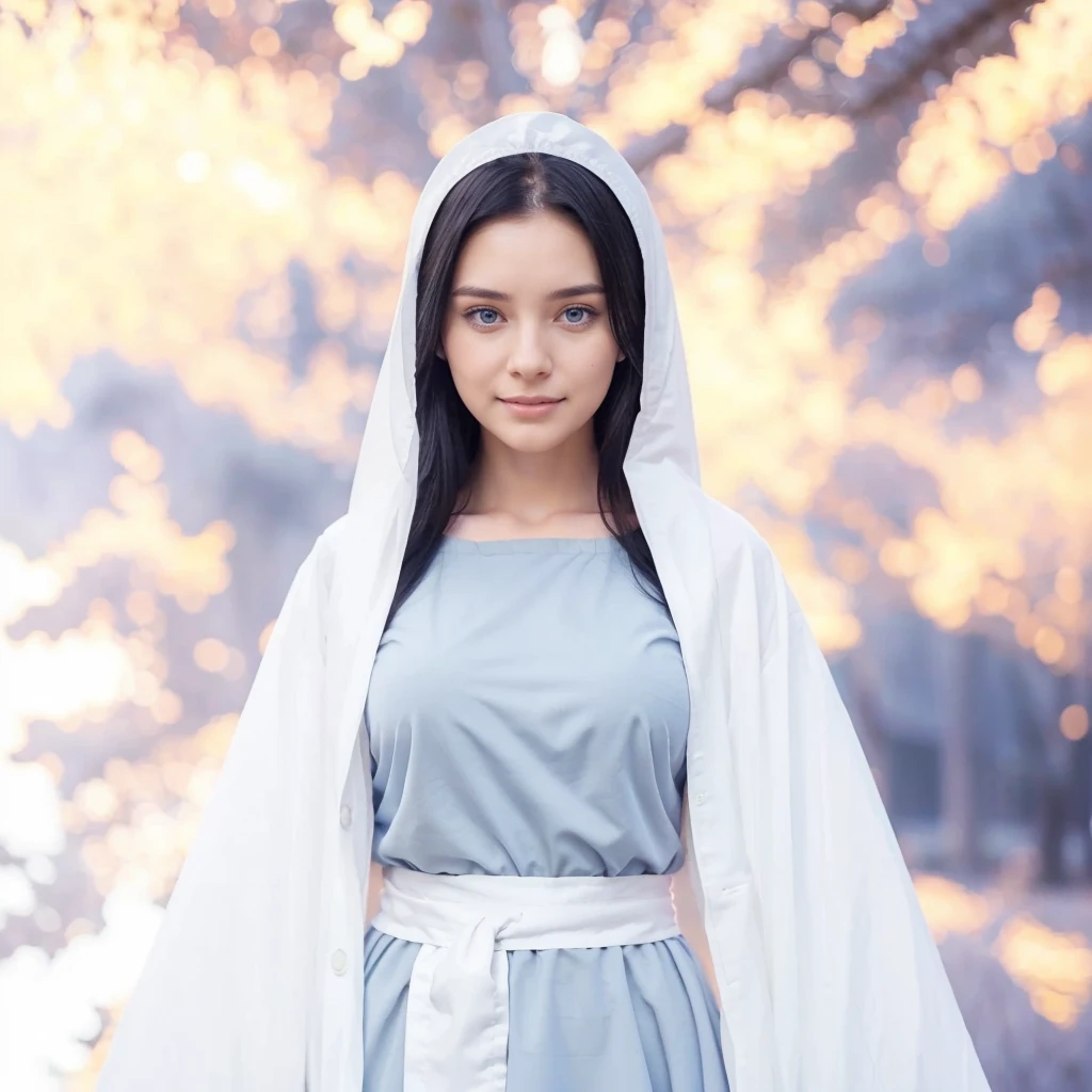 young woman, 25 years old, blue eyes, long black hair, serene and happy face, gray dress with wide, long sleeves adjusted at the waist by an intertwined white sash.
