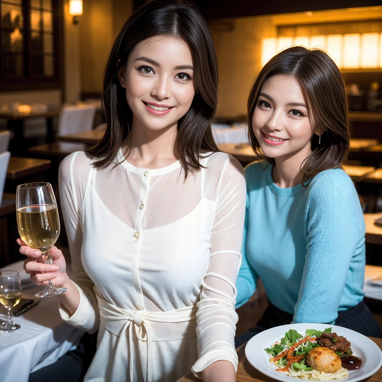 ((Highest quality、8K、masterpiece:1.3))、Shortcuts、cute、slimカップル、modelカップル、actress男優、(Realistic, Intricate details:1.2), full-course dinner、Wine Party、Amazing view of the sunset sky and clouds、A bright smile、short hair,Bright Face、 (Age 45), 42 years old, red wine 、Appetizers、Italian food、Wine bottle、Champagne、sparkling wine、Two beauties、Brown Hair、Shortcuts、Long sleeve shirt、dress、Beautiful woman 1, (slimな顔), (The body is slim), (Brown Hair), (Shortcuts), cheeks turn a little red,Attractive beauty、restaurant, In a prominent place (From the waist up) Nova Frog Style, actress, model, Upper Body, White wine, slim, wine glass, 中央に置かれたwine glass, smile, (smile: 1.15), Beautiful fine grain, Depth f/2,saturation, High Contrast, Strong light and shadow,Moist Body:1.5、3D texture、Delicate eyes、Brown Hair、The hair is very shiny、