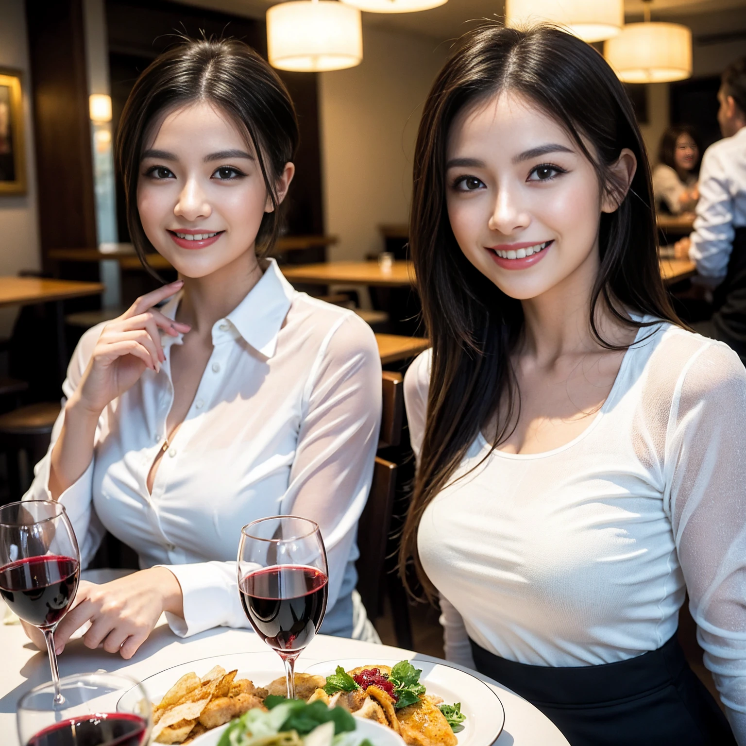 ((Highest quality、8K、masterpiece:1.3))、Shortcuts、cute、slimカップル、modelカップル、actress男優、(Realistic, Intricate details:1.2), full-course dinner、Wine Party、Amazing view of the sunset sky and clouds、A bright smile、short hair,Bright Face、 (Age 45), 42 years old, red wine 、Appetizers、Italian food、Wine bottle、Champagne、sparkling wine、Two beauties、Brown Hair、Shortcuts、Long sleeve shirt、dress、Beautiful woman 1, (slimな顔), (The body is slim), (Brown Hair), (Shortcuts), cheeks turn a little red,Attractive beauty、restaurant, In a prominent place (From the waist up) Nova Frog Style, actress, model, Upper Body, White wine, slim, wine glass, 中央に置かれたwine glass, smile, (smile: 1.15), Beautiful fine grain, Depth f/2,saturation, High Contrast, Strong light and shadow,Moist Body:1.5、3D texture、Delicate eyes、Brown Hair、The hair is very shiny、