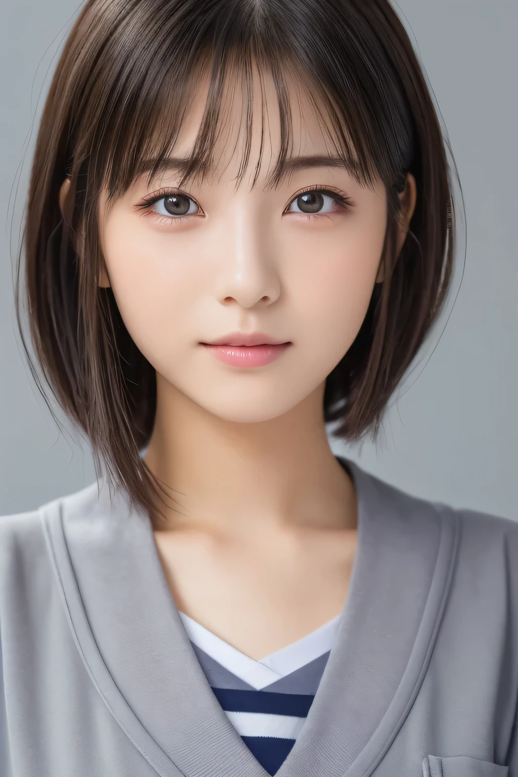 Beautiful girl, 17 years old, (Highest quality:1.4), (Very detailed), (Very detailed美しい顔), Short sleeve, (school uniform:1.5), Great face and eyes, iris, Medium Bob Hair, The Beauty of Japan, (Skinny body type:1.1), (Flat Chest:1.3), Fun, Smooth, Very detailed CG synthesis 8k wallpaper, High-resolution RAW color photos, Professional photography, Light, BackLight, dream-like, impressive, Written boundary depth, (Face close-up:1.4), (Shoot from the front:1.8), BREAK(Gray background:1.3)