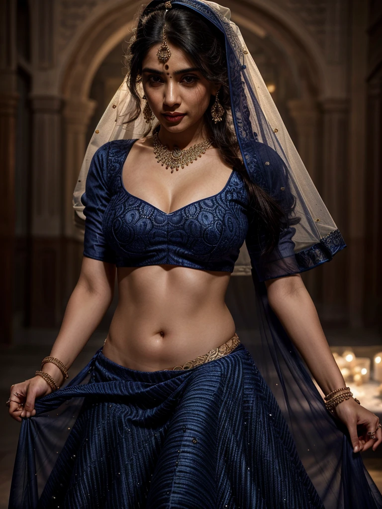 4K, UHD, masterpeice, 1 girl, good face, detailed eyes, detailed lips, very long hair, straight hair, very long hair, beautiful hair, hair ornaments, hairband, gradient hair, ((indigo lehenga)), ((bridal lehenga)), ((decorated blouse)), sardine, ((jwellery on lehenga)), ((indigo lace)), ((diamond bracelet)), ((pendant)), ornaments, necklace, earring, high lighting, ((bare stomach)), wedding stage, fujicolor, depth of field, ray tracing, ultra realistic detail,