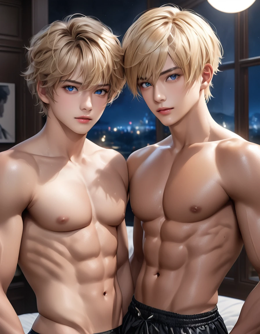 high quality, detailed, Realistic,(2boys:1.5), ( tanned idol boys), (detailed blue eyes), (blond short hair), (abs), (tanned dark brown skin), night palace bedroom, (black tiny thong), (bulge), (detailed nipples), detailed areola,best quality,4k,8k,highres,masterpiece:1.2),ultra-detailed,(realistic,photorealistic,photo-realistic:1.37), looking at viewer, face close up, --no watch,
