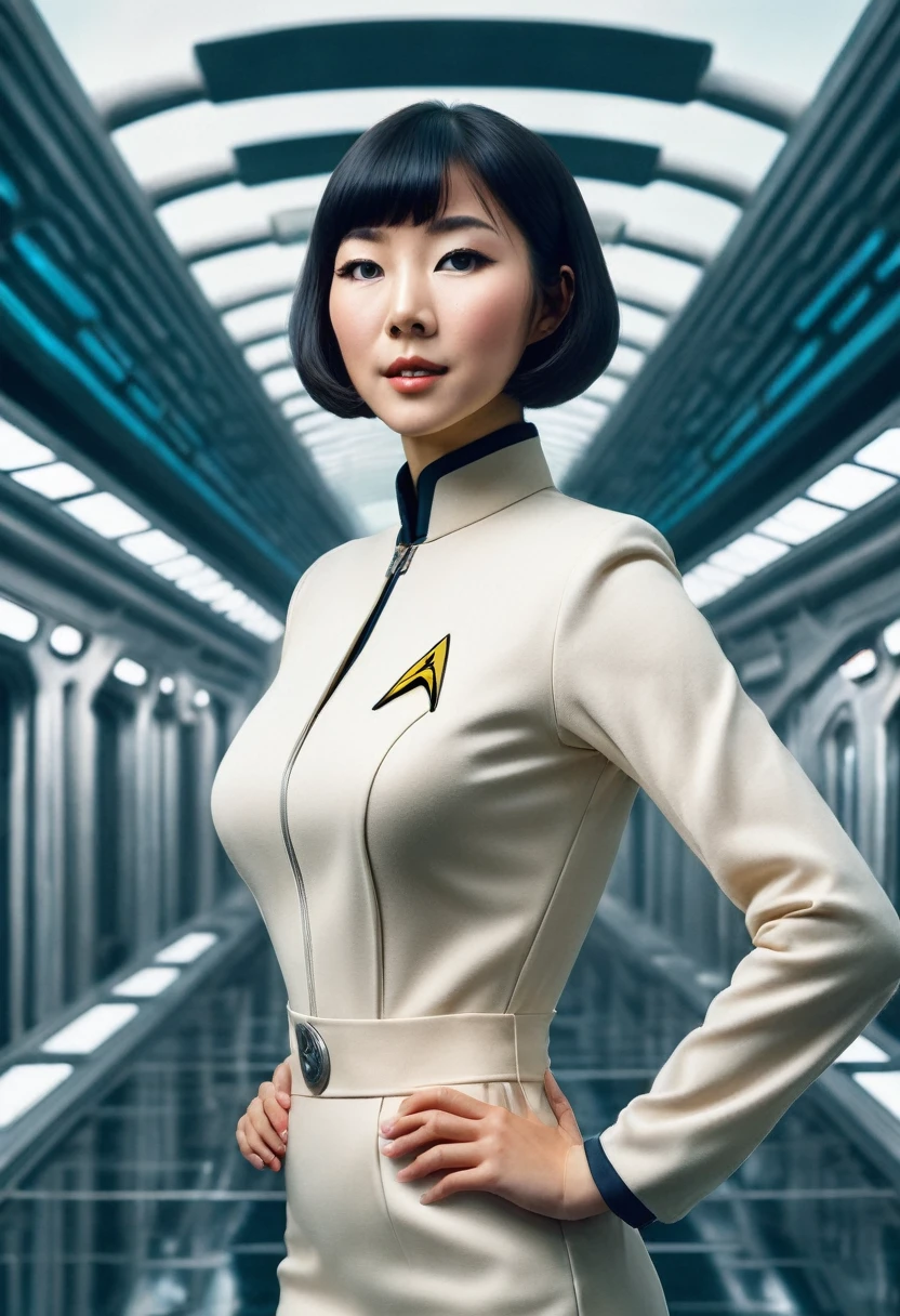 (wearing star trek original series 60s/70s one piece mini dress bridge crew uniform )) (asian-european, half-asian crew member with bob haircut and slim figure) ((in the style of a retro-futuristic, retro-scifi film, pulp scifi book cover) ((soft focus, cinematic, film grain)