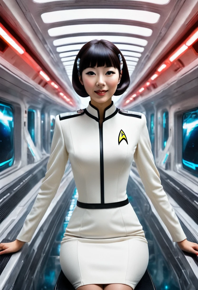 (wearing star trek original series 60s/70s one piece mini dress bridge crew uniform )) (asian-european, half-asian crew member with bob haircut and slim figure) ((in the style of a retro-futuristic, retro-scifi film, pulp scifi book cover) ((soft focus, cinematic, film grain)