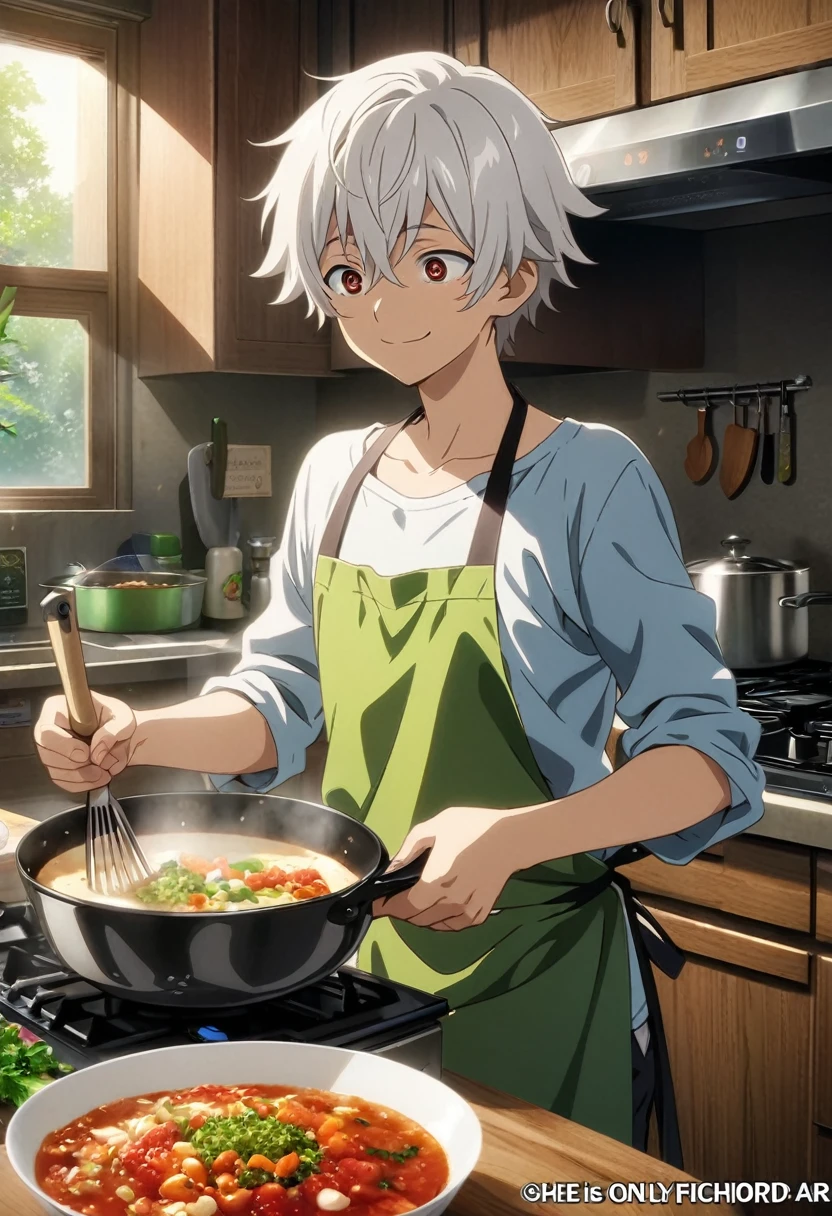 anime art, 1boy, solo male, male focus, highschool boy, beautiful boy, neck length white hair, small red droopy eyes, he has fair skin, he is naked, he only wears an apron, he is not wearing pants, he is slender, slender body, he is smiling, he is in kitchen, he is cooking, ultra-detailed, ultra quality, high resolution, hdr, masterpiece, cinematic, detailed, absurdres
