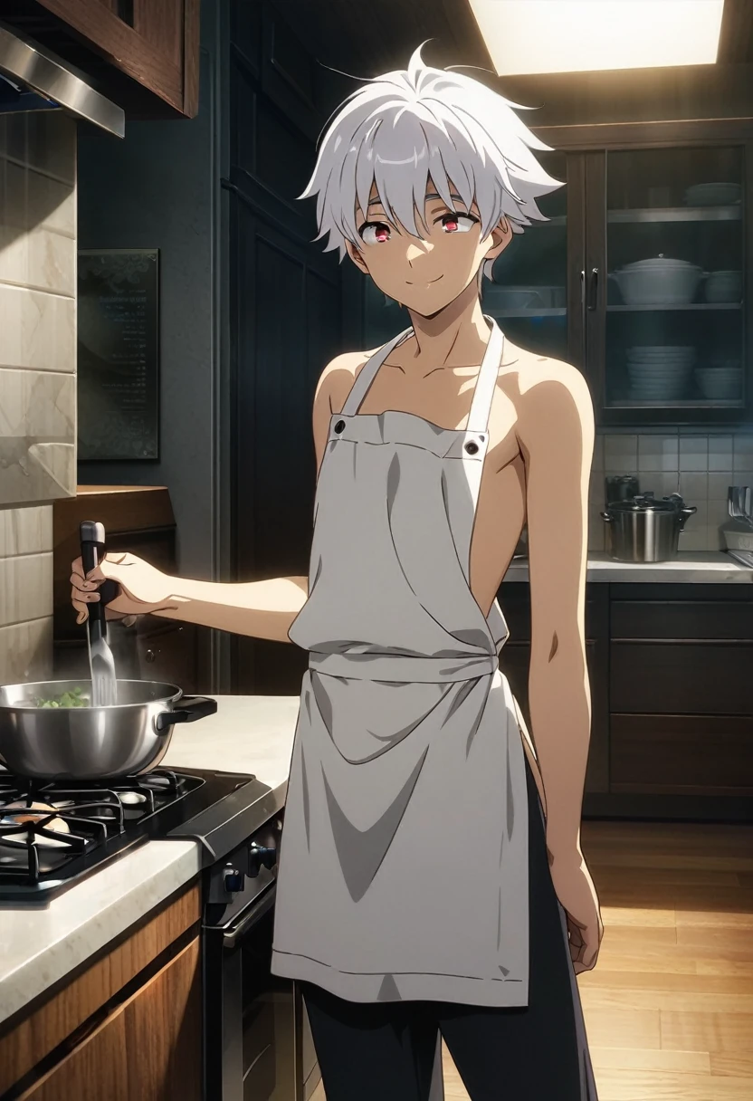 anime art, 1boy, solo male, male focus, highschool boy, beautiful boy, neck length white hair, small red droopy eyes, he has fair skin, he is naked, he only wears an apron, he is not wearing pants, he is slender, slender body, he is smiling, he is in kitchen, he is cooking, ultra-detailed, ultra quality, high resolution, hdr, masterpiece, cinematic, detailed, absurdres