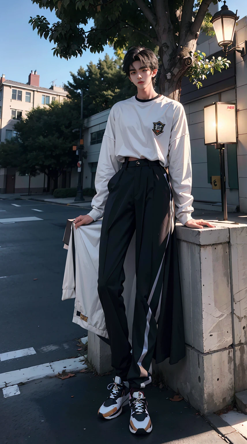 Two dimensions,on university campus,18 year old boy,front shot,super tall guy,broad shoulderuscular),bodybuilding,Physical Education Student,Leg length,2m height,boys ,Sitting on the roadside of campus,Casual shoes,Gradient Color,black hair,The face delicate and perfect,Perfect facial features blush,happy,8k realistic style,A person stands under the tree,There a lamp and a cat next to it,at midnight,on the street,masterpiece,best quality,Ray tracing