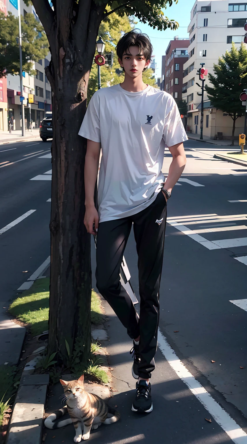 Two dimensions,on university campus,18 year old boy,front shot,super tall guy,broad shoulderuscular),bodybuilding,Physical Education Student,Leg length,2m height,boys ,Sitting on the roadside of campus,Casual shoes,Gradient Color,black hair,The face delicate and perfect,Perfect facial features blush,happy,8k realistic style,A person stands under the tree,There a lamp and a cat next to it,at midnight,on the street,masterpiece,best quality,Ray tracing