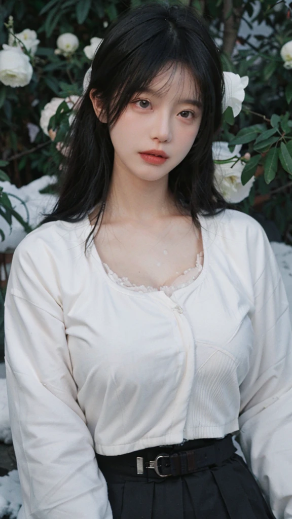 Portrait photography,1 girl,Snow Scene,Snowing background,whole body:1.4,Camellia small fragrance style high-end temperament slim jacket pleated skirt women,Flowers,White,Lipstick,(Big Breasts:1.6),Headband,serene,calm,(Realistic and detailed eyes,Natural skin texture,Realistic facial details),