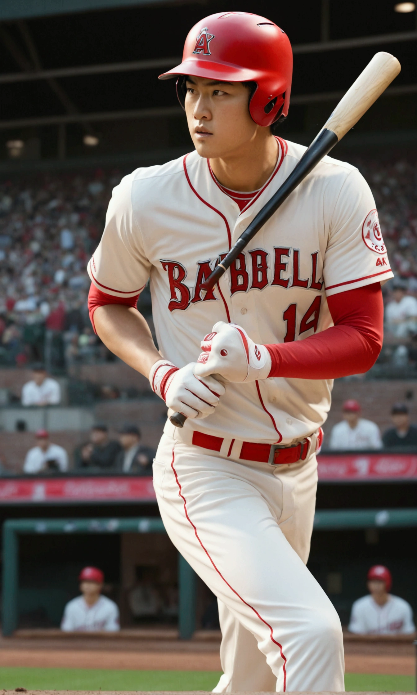 1boy, Shohei Ohtani, baseball player, batting stance, hitting home run, back shot, cinematic angle, detailed facial features, realistic, hyper-realistic, photorealistic, (best quality,4k,8k,highres,masterpiece:1.2),ultra-detailed,(realistic,photorealistic,photo-realistic:1.37),studio lighting,vivid colors,dramatic lighting