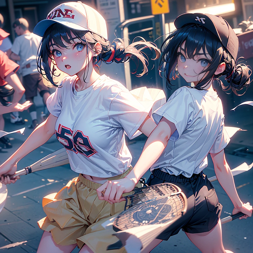 Highest quality、High resolution、Detailed Background、Beautiful Face、High detail、(Perfect Anatomy, Perfect Style)、(Detailed facial expressions)、(fine grain:1.2)、age Beauty、(aerial view:1.2, wide shoot:1.2, whole body:1.2), One Girl、Cute black hair、Deep blue eyes、Braided Ponytail, Braided bob cut, Early morning baseball game, Holding a metal bat:1.2, ((shoot from behind:1.2, avert your eyes:1.2)), (Baseball cap、T-Shirts、Shorts, socks、spike)、(Large Breasts:1.2, Pointed Chest:1.2, High chest:1.2), ((run away from viewer:1.2)),