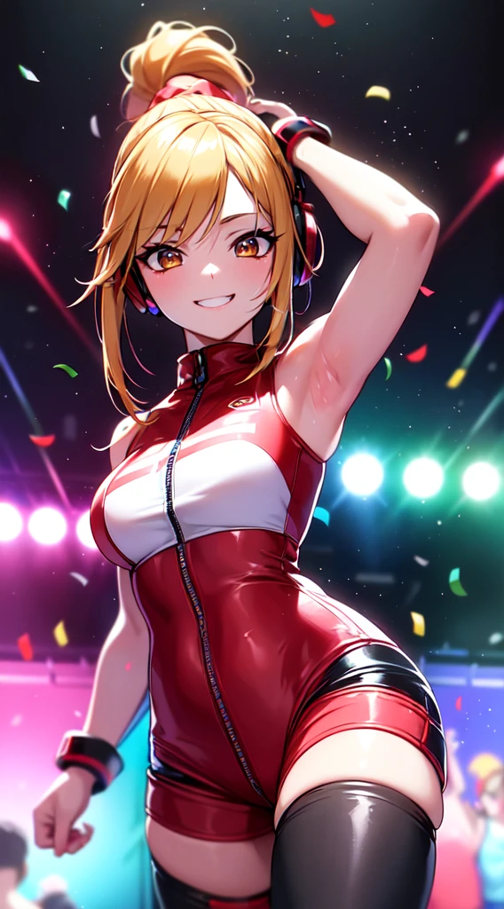 anime girl,short mini red  jumpsuit, unzip to belly, headphones,DJ turntable set,club lighting,stage,confetti,dancing,smiling,(best quality:1.2),(ultra-detailed:1.2),(realistic:1.37),HDR,vivid colors,portraits,shorts,headphone girl,energetic pose,colorful lights,stage set,confetti raining,joyful expression,dance floor ,anime style, atmosphere,techno music,electronic dance music,festival vibes,hip hop beats,festival outfit,energetic dance moves,expressive eyes,long braided hairstyle with vibrant blonde color, brown eyes, elaborate makeup neon lights,beaming smile,positive vibes,high-energy performance,stylized backgrounds,colorful visuals,excitement in the air, back view 