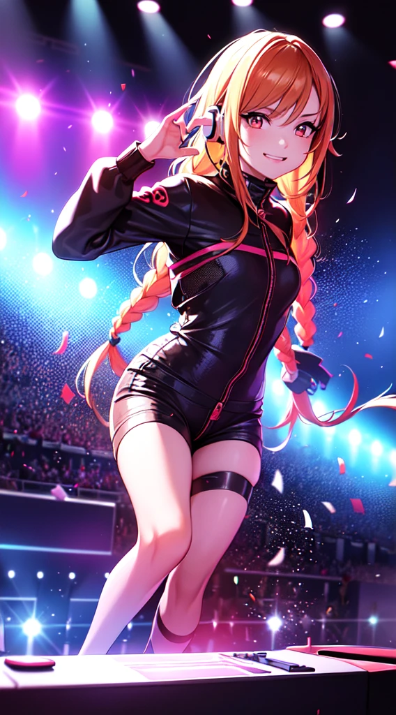 anime girl,short mini red  jumpsuit, unzip to belly, headphones,DJ turntable set,club lighting,stage,confetti,dancing,smiling,(best quality:1.2),(ultra-detailed:1.2),(realistic:1.37),HDR,vivid colors,portraits,shorts,headphone girl,energetic pose,colorful lights,stage set,confetti raining,joyful expression,dance floor ,anime style, atmosphere,techno music,electronic dance music,festival vibes,hip hop beats,festival outfit,energetic dance moves,expressive eyes,long braided hairstyle with vibrant blonde color, brown eyes, elaborate makeup neon lights,beaming smile,positive vibes,high-energy performance,stylized backgrounds,colorful visuals,excitement in the air, back view 