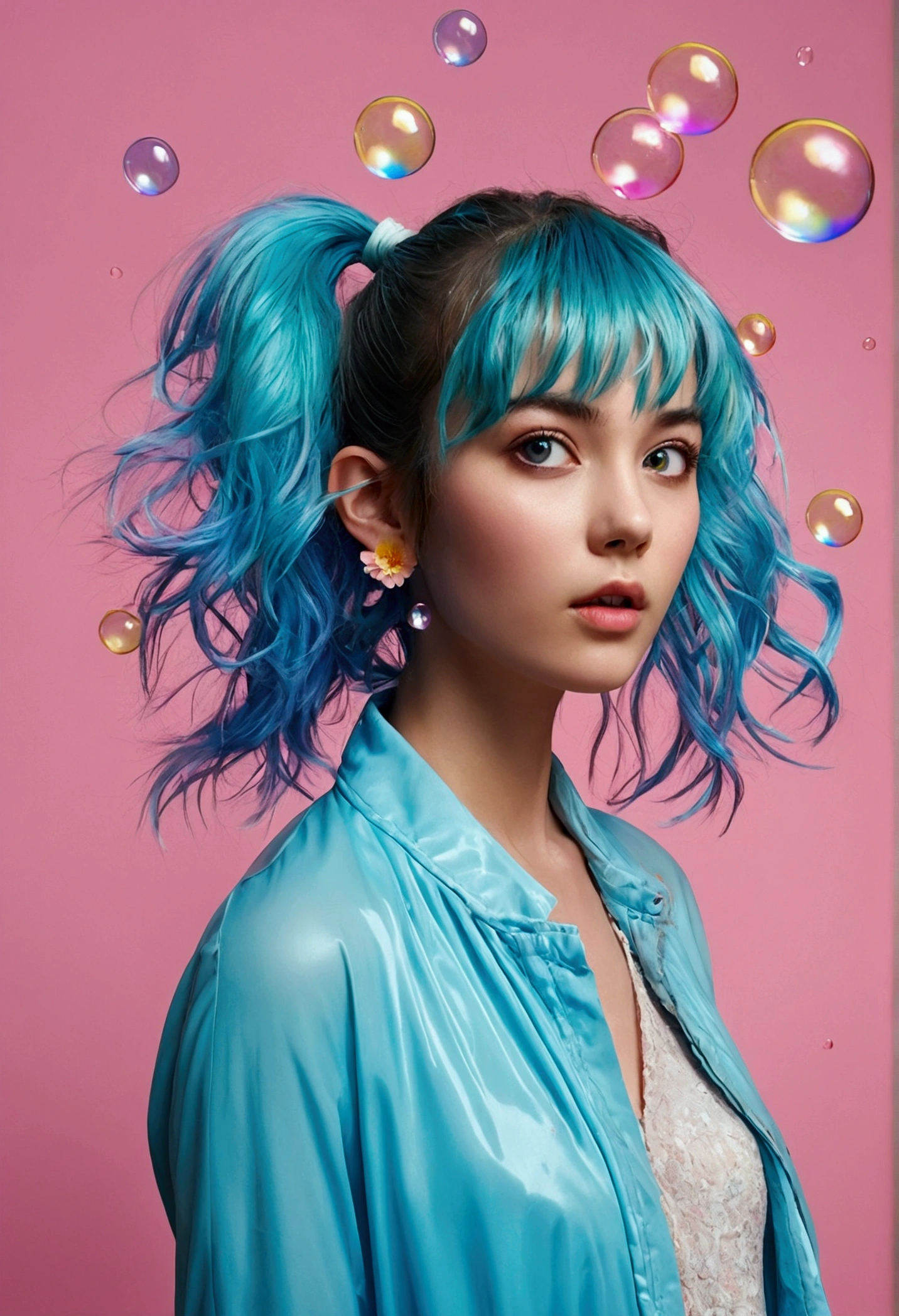 (masterpiece), (Highest quality), (Super detailed), (Disheveled Hair), (figure), (One Girl), (Fashionable clothes), Are standing, Fashion Model, Beholder, (interview), (Simple Background), Beautiful and beautiful eyes, Delicate and beautiful face, floating, (High saturation), (Colorful Splash), Colorful Bubbles, (Shine), Focus on the face, ponytail, Light blue hair, bangs, Hair Ring, floating Flowers, floating Hairs, (The Shining), Best lighting, Best Shadow