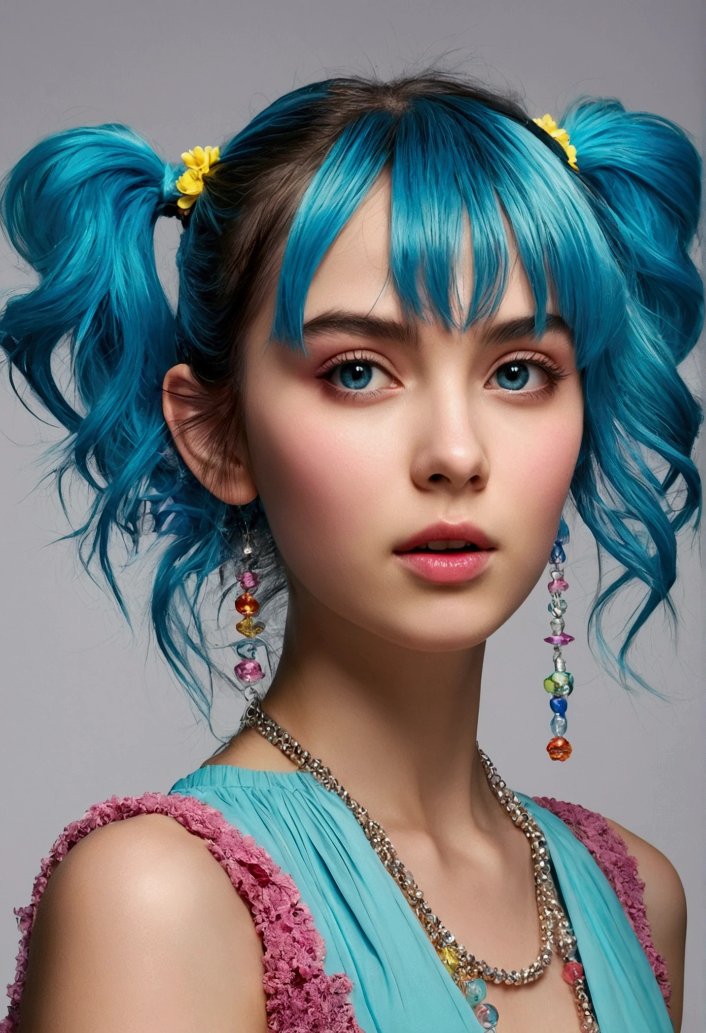 (masterpiece), (Highest quality), (Super detailed), (Disheveled Hair), (figure), (One Girl), (Fashionable clothes), Are standing, Fashion Model, Beholder, (interview), (Simple Background), Beautiful and beautiful eyes, Delicate and beautiful face, floating, (High saturation), (Colorful Splash), Colorful Bubbles, (Shine), Focus on the face, ponytail, Light blue hair, bangs, Hair Ring, floating Flowers, floating Hairs, (The Shining), Best lighting, Best Shadow