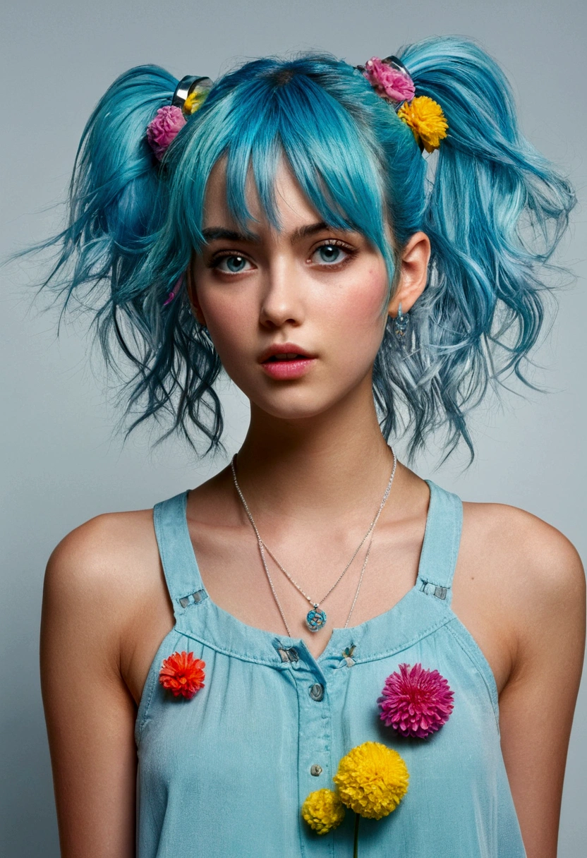 (masterpiece), (Highest quality), (Super detailed), (Disheveled Hair), (figure), (One Girl), (Fashionable clothes), Are standing, Fashion Model, Beholder, (interview), (Simple Background), Beautiful and beautiful eyes, Delicate and beautiful face, floating, (High saturation), (Colorful Splash), Colorful Bubbles, (Shine), Focus on the face, ponytail, Light blue hair, bangs, Hair Ring, floating Flowers, floating Hairs, (The Shining), Best lighting, Best Shadow