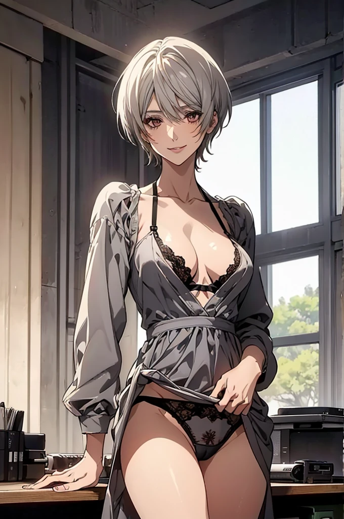 (Highest quality, High resolution, Very detailed), 1 female, Silver Hair, Super short hair, Reddish brown eyes, maxi dress, thong bra, Large Breasts, secretary, 24th generation, Beautiful woman, mature, quiet, Calm, A small smile, office,