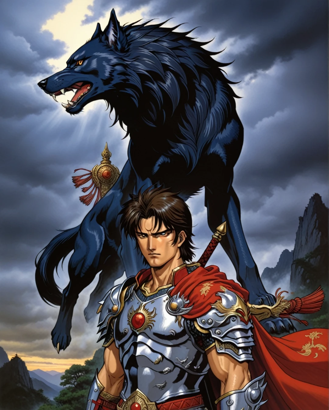 Art style by Akihiro Yamada, Art style by Suehiro Maruo, Art style by Ayami Kojima, (Masterpiece, Top Quality, Super Detail, High Resolution, Best Illustration), Create an awe-inspiring illustration of a warrior standing triumphantly over a slain wolf. The warrior should be depicted in detailed armor, showcasing strength and determination, with a proud posture and a fierce expression. Capture the moment of victory, emphasizing the contrast between the warrior's heroic stance and the fallen wolf, which should be rendered with realistic textures and a sense of nobility. In the background, include a dramatic landscape that enhances the mood—perhaps a misty forest or rugged mountains under a brooding sky. Use dynamic lighting to highlight the warrior and create a powerful atmosphere, emphasizing the theme of triumph over adversity. Focus on intricate details, from the warrior's weapon to the natural elements around them, to create a visually stunning masterpiece that resonates with themes of valor and respect for nature.