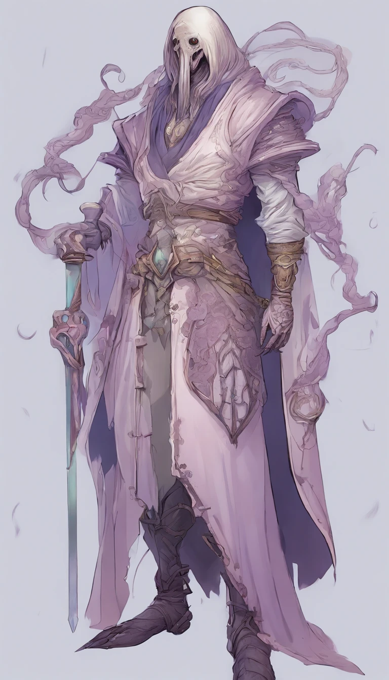 Mind flayer,Inspired by Dungeons & Dragons,Full body concept art illustration of Mind Flayer。The character has human-like proportions,tall、slim and muscular。The character has 4 tentacles extending from its chin,Light purple skin,Almost Blue。The character is dressed in exquisite、Luxurious white academic robes and ornate leather boots。Background is blank