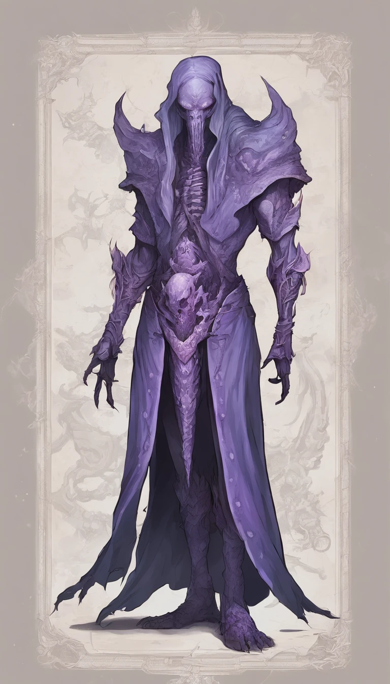 Mind flayer，Inspired by Dungeons & Dragons，Full body concept art illustration of Mind Flayer。The character has human-like proportions，tall、slim and muscular。The character has 4 tentacles extending from its chin，Light purple skin，Almost Blue。The character is dressed in exquisite、Luxurious white academic robes and ornate leather boots。Background is blank