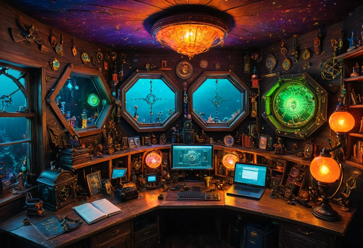 ((dawn)), seabed, Magic Cauldron, wood, absurd detailed, board, (Desktop witch magic:2), cockpit, Flight Instruments, Communication network, Documents on the desk, Bookshelf, mirror, door,(camera,engine:1), ((Colorful neon lamps)), Intricate details, detailed,(Octagon:0.5), photograph