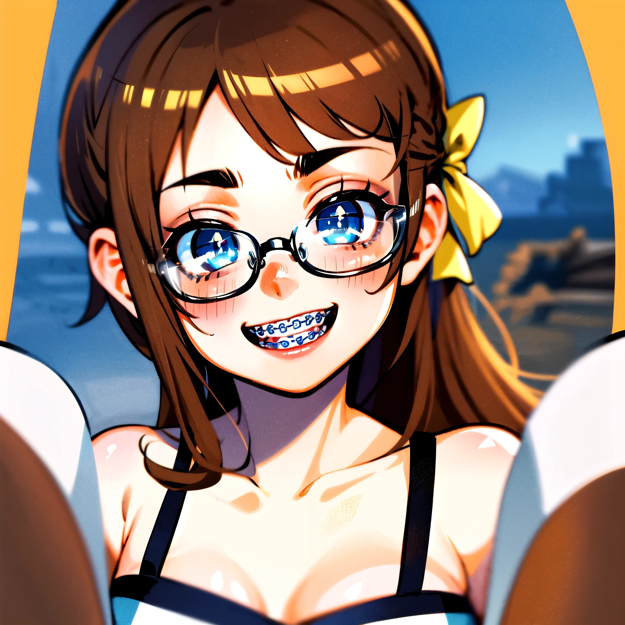 1girl, seductive eyes, braces, glasses, smiling, cute, blue eyes, blush, brown hair, wearing rowers, best quality, masterpiece, highres