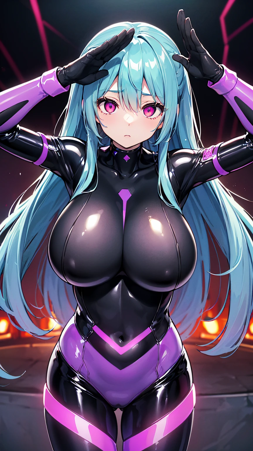 最high quality、Best image quality、masterpiece、Hatsune Miku Vocaloid、Big breasted android girl((18-year-old、red, Glowing black and blue cyber suit、brainwashing,Combatant, Hollow Eyes,((Purple glowing eyes 1.5)), Huge breasts , Expressionless, Emotions are removed,(Black latex tight bodysuit),avert your eyes , whole body 形, ((stand up, salute)),(最high quality、4K、8K、High resolution、Must have:1.2)、Very detailed、(reality、that&#39;s reality的、reality的:1.37)、Best Bust、Bust 90、Twin tails、Open your chest wide、valley、happiness、thin、Expressionless、)）high quality、Beautiful art、background((Metro City、cyber punk、Nightclub、Cyber World))、Tabletop、Exquisite design、Visual Arts、