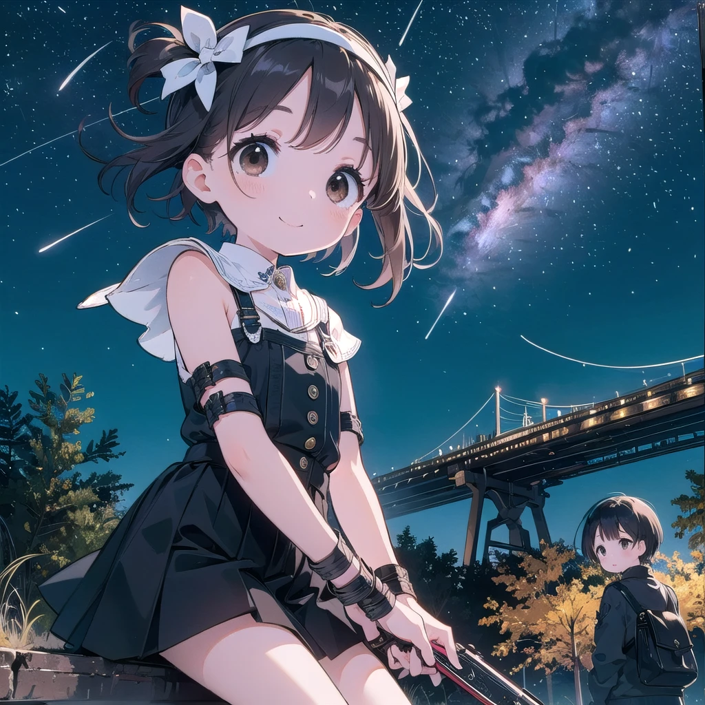 8-year-old、pretty girl、Fetish、Smile、shooting star、milky way、full moon、Beautiful background、Four Girls、Cute Underwear、Black Hair、Brown eyes、short hair、Headband