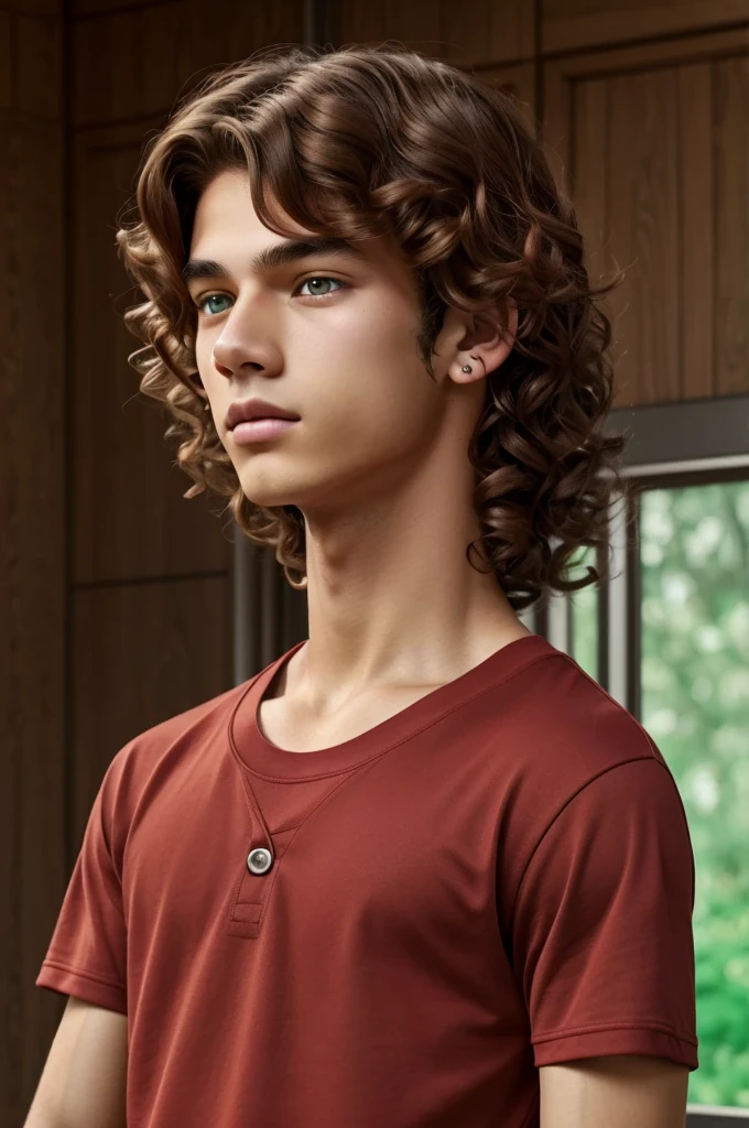 14 year old boy,quiet, red and wavy hair that reaches to his ears,with almond-shaped green eyes and somewhat large eyelashes,with a button nose and not so big lips,medium tanned but light skin,with low blush,with black t-shirt and red sweatshirt anime digital art style 
