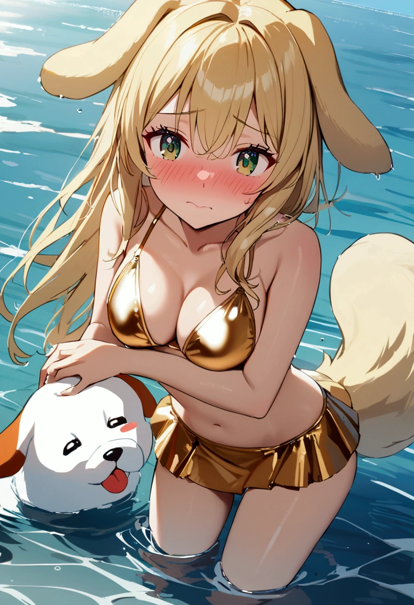 1girl with long blonde hair, green eyes, floppy dog ears, dog tail, embarrassed, blush, in golden bikini with mini skirt. In water, sea