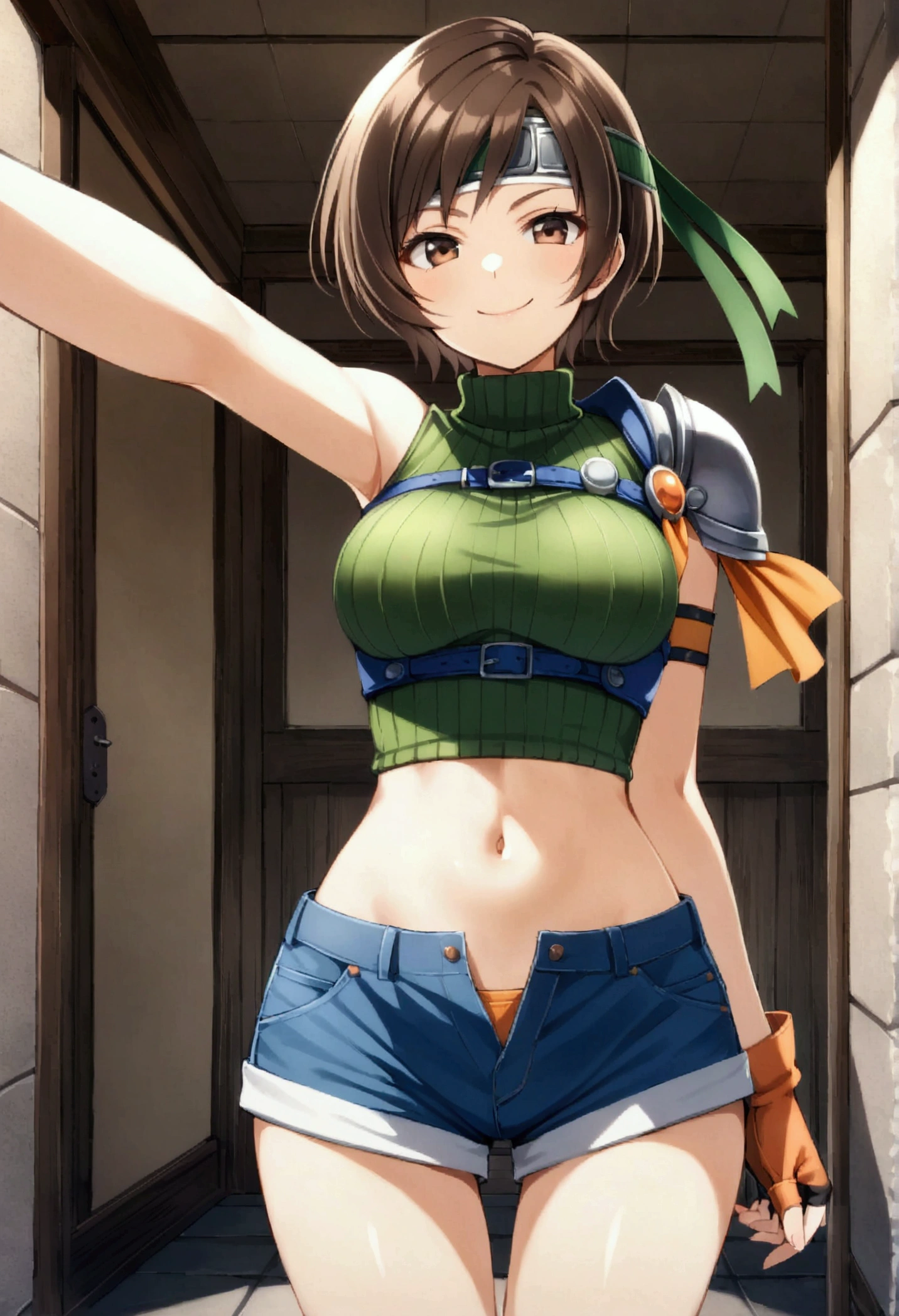 score_9, score_8_up, score_7_up,,BREAK ,source_anime ,from front,below view,,standing,upperbody,,straight-on,Solo,1girl, yuffie kisaragi, final fantasy,,short hair,headband,navel,sleeveless,turtleneck,brown eyes,sleeveless turtleneck,solo,breasts,looking at viewer,smile,gloves,crop top,brown hair,shorts,midriff,sweater,open fly,fingerless gloves,ribbed sweater,medium breasts,,slim waist ,smug,smile,selfie,,daytime,outdoor,,best quality,masterpeace,aesthetic,very aesthetic,