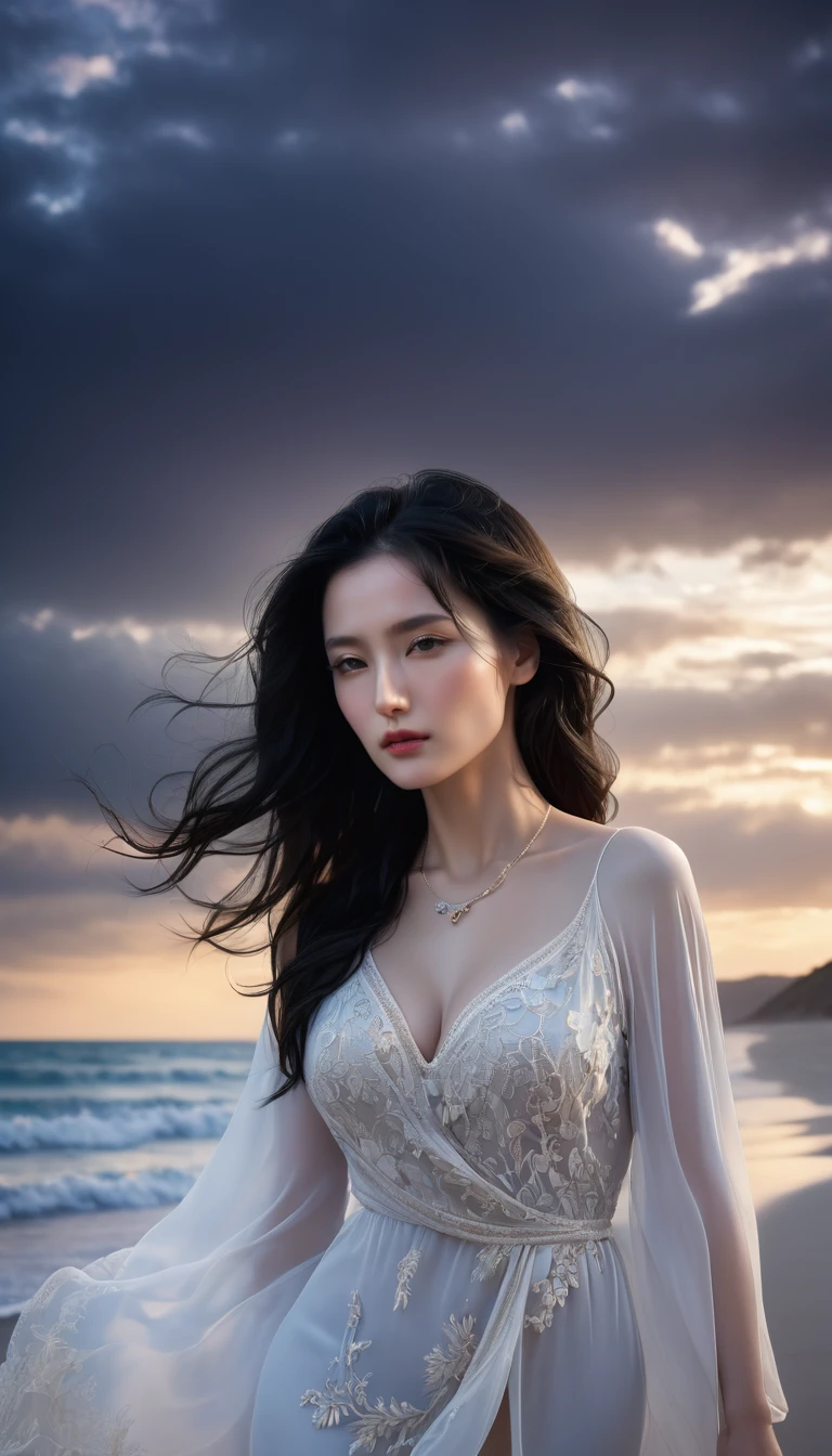 ((Masterpieces with up to 16K resolution:1.6)),Highest quality,it is really amazing,Very detailed,Ultra-high resolution,((Real:1.5)),((Realistic:1.5)),Increased depth of field,Cinematic Light,
Elegant mature woman,
Long black hair,((Exquisitely detailed face:1.5)),Translucent white skin,Very sensitive skin,Great proportions,Anatomically correct body,
elegant beach dress,Artistic design,Beautiful and detailed pattern,Detailed fabric texture,Gorgeous necklace,
Coastal landscape at dusk,Dark clouds and dark sky,delay々Continuing sandy beach, Deserted Beach,Dark sea surface,
(Dramatic Angle:1.6),