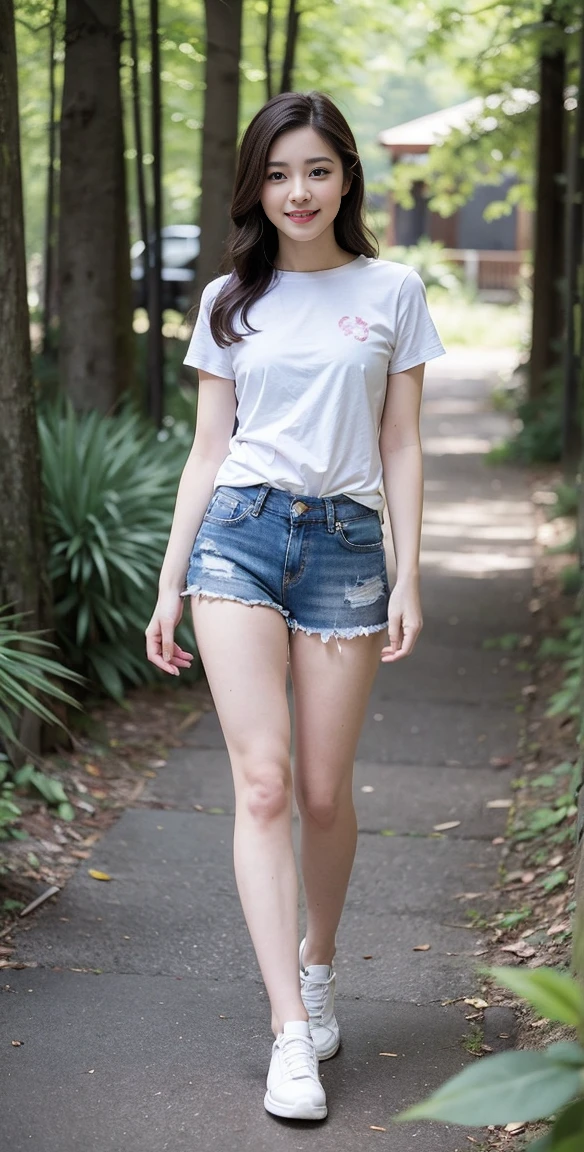 masterpiece, best quality, Surreal, Ultra Detailed, 8k resolution, RAW photos, Clear focus, (A girl in the forest), ((light gray shirt:1.1)),  Short sleeve, sports Shorts,Full body posture, Solitary, Perfect body, Become a, Bangs to eyebrows、Beautiful brown hair、Beautiful and delicate eyes、Brown eyes、Raise an eyebrow、High Nose、Small nostril、Little mouth、Tempting lips、Mouth slightly open、Beautiful breasts、Full body、Oval face, Both eyes, Both eyes皮, Long eyebrows, Long eyelashes, A faint smile, 3. Perfect Proportion、Perfect Anatomy、Perfect composition、2 inches in the chest,(a charming smile:1), (sexy pose)，26 years old, light,White shoes
