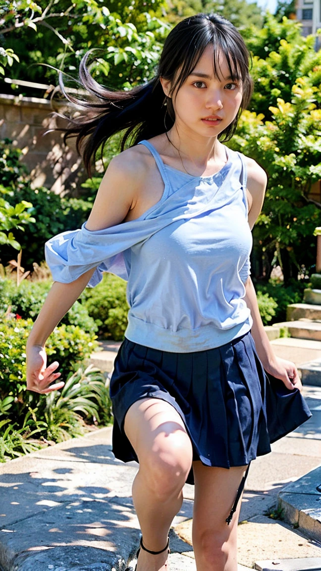 (((Big Breasts:1.52)))、((Viewing angle from below、Highest quality、masterpiece、32k、Every detail))、Descend the outdoor stairs、commute、Systemic symptoms、Very loose camisole、Pleated skirt、(((A strong wind blows my hair and skirt away:1.62)))、((Shoulder strap can be worn diagonally:1.83))((Extremely precise and accurate anatomy:1.0)), (photo Realistic:1.4), (hyper Realistic:1.4), (Highest qualityのRealisticな肌の質感:1.4), (Improvement of quality:1.4), (Enhances the beauty of skin texture:1.1), Clean and glowing skin, mesh, thin:1.2, (Realistic:1.3), Realisticなライティング, (Smoother lighting:1.05), (Improving the quality of cinema lighting:0.9), Backlight, A gentle light on your face, Ray Tracing, (Bright light:1.2), 32k, One Japanese woman, fine grain, Detailed face, (Film Grain:1.1),(Accentuates body lines:1.1), High resolution, Natural look, Kind eyes, Improves hair quality, Delicate light and shadow, 、One Girl, alone、(((mini skirt, No underwear:1.22)))、Big Breasts、barefoot, High heels