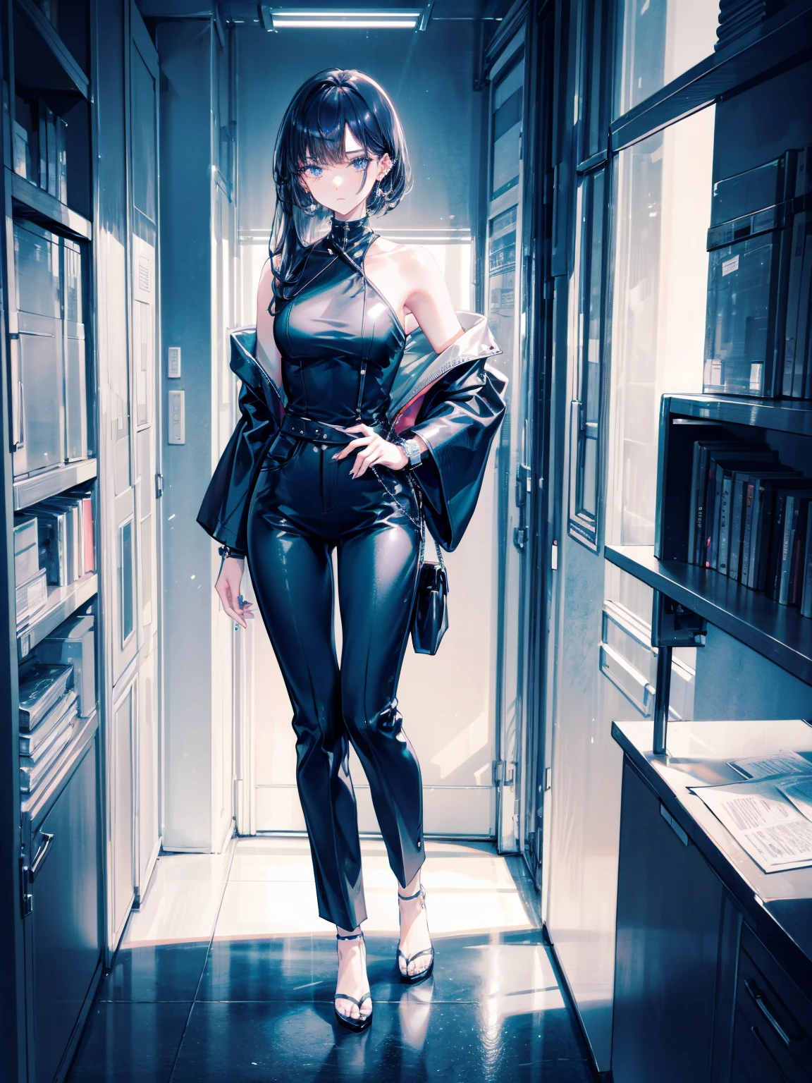 Professional Japanese woman, late twenties, elegant, tall and slim, black shoulder-length straight hair, minimalist makeup, dark gray tailored pantsuit, white silk blouse, black stilettos, pearl studs, delicate watch, modern office, city skyline view, confident stance, holding documents, focused gaze, monochromatic theme, sophisticated,with a completely different expression