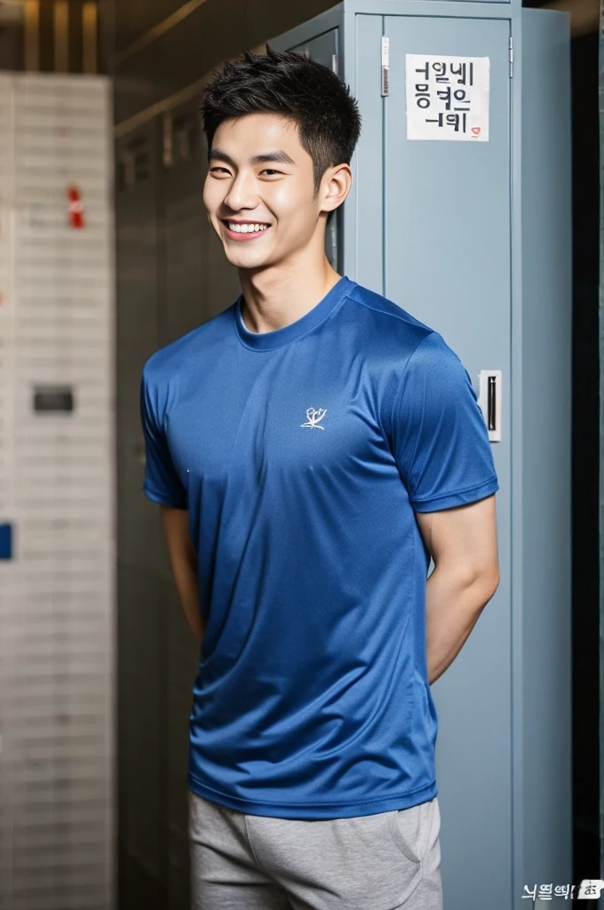 Korean man, Inspiration from Peng Yuyan, 23 years old, Korean muscular man ，The computer room is in the back, tight sports t-shirts, navy blue., open mouth smile