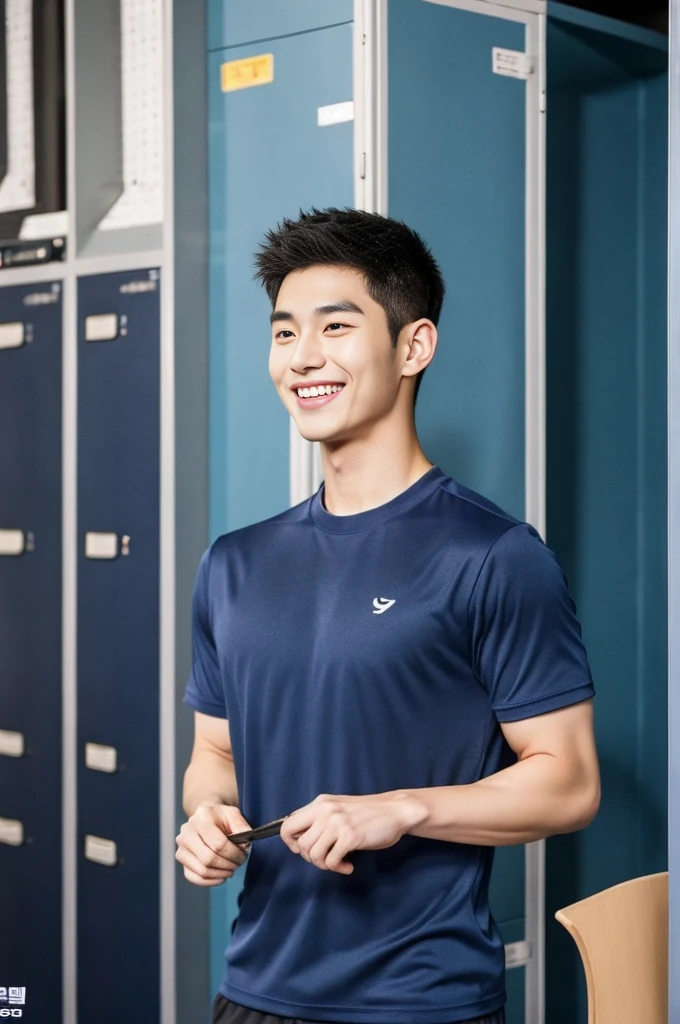 Korean man, Inspiration from Peng Yuyan, 23 years old, Korean muscular man ,The locker room is in the back, tight sports t-shirts, navy blue., open mouth smile