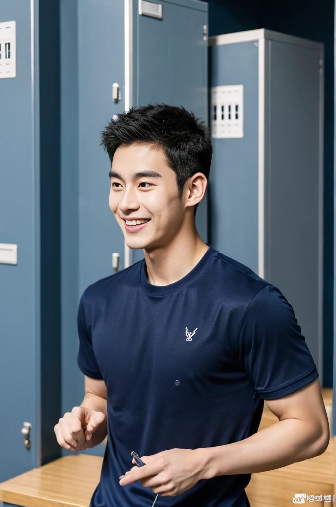 Korean man, Inspiration from Peng Yuyan, 23 years old, Korean muscular man ,The locker room is in the back, tight sports t-shirts, navy blue., open mouth smile