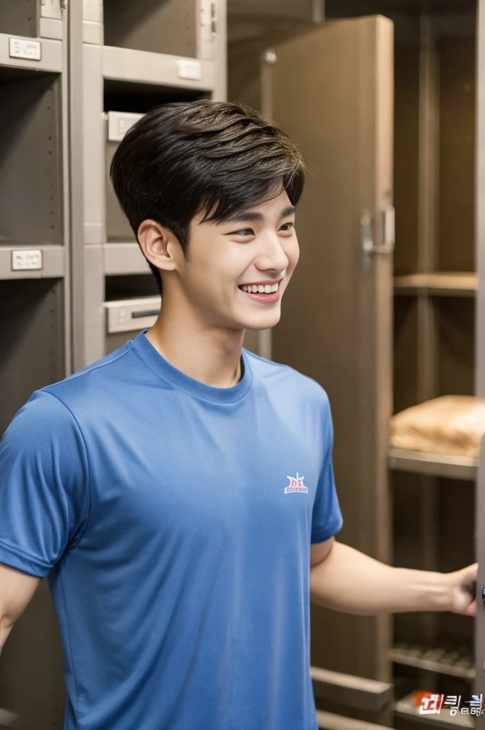Korean man, Inspiration from Peng Yuyan, 23 years old, Korean muscular man ，The locker room is in the back, tight sports t-shirts, navy blue., open mouth smile