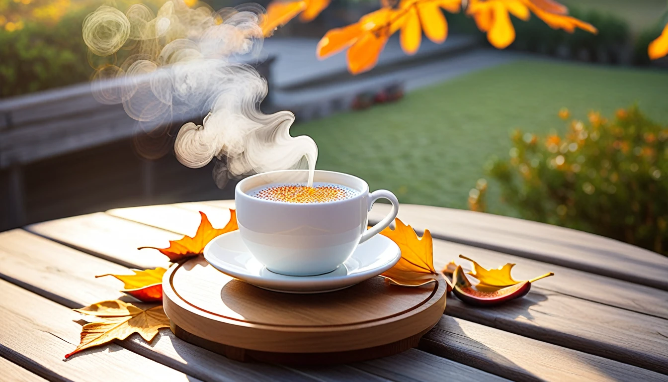Create an image of a cozy autumn atmosphere by featuring a steaming white cup on a wooden coaster. The cup is adorned with a design of fallen leaves that matches the orange leaves scattered around it. Ripe and cut figs lie nearby, and the scene is illuminated by the warm light of the morning sun, which hints at a peaceful morning atmosphere. This atmosphere is enhanced by the potted plants that add to the serene atmosphere. and the beautiful natural scenery in the background.