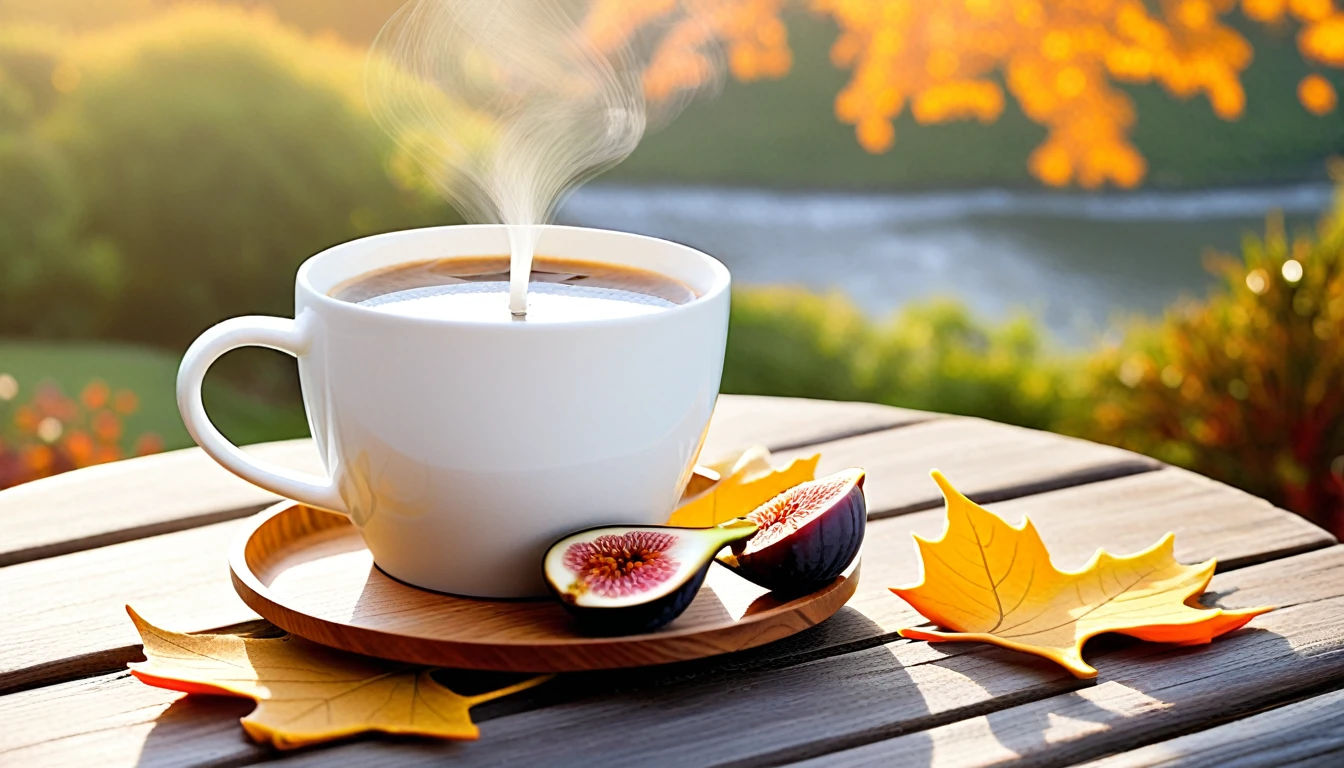 Create an image of a cozy autumn atmosphere by featuring a steaming white cup on a wooden coaster. The cup is adorned with a design of fallen leaves that matches the orange leaves scattered around it. Ripe and cut figs lie nearby, and the scene is illuminated by the warm light of the morning sun, which hints at a peaceful morning atmosphere. This atmosphere is enhanced by the potted plants that add to the serene atmosphere. and the beautiful natural scenery in the background.