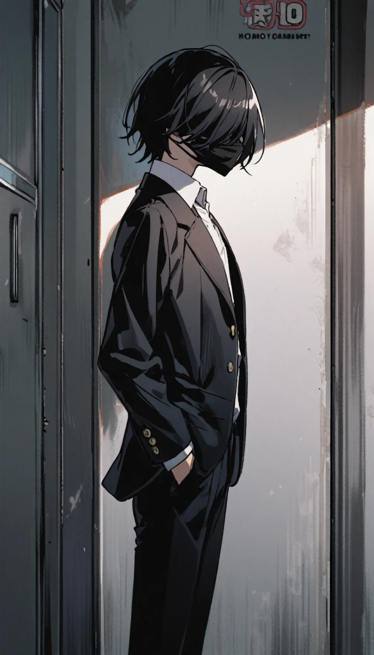 1boy, with black face mask ,black hair covering both his eyes,open white school blazer with logo ,,standing,hands in pocket,skinny