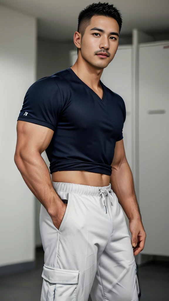 Masterpiece, best quality, high resolution, realistic, handsome, Take beautiful photos, Photo of the 35 year old gym association (The man has a thin mustache.) ,Full body, Portrait, Standing in the locker room, make military media, weight, Amazing , Buzzcut short hair,stubble head , (Hyper Muscle),looking at the audience, Flirt with the camera, charming, (Tight navy blue workout shirt. Cargo pants ),(GS-Male:1), 8K,Bokeh,Portrait,look at the viewer,