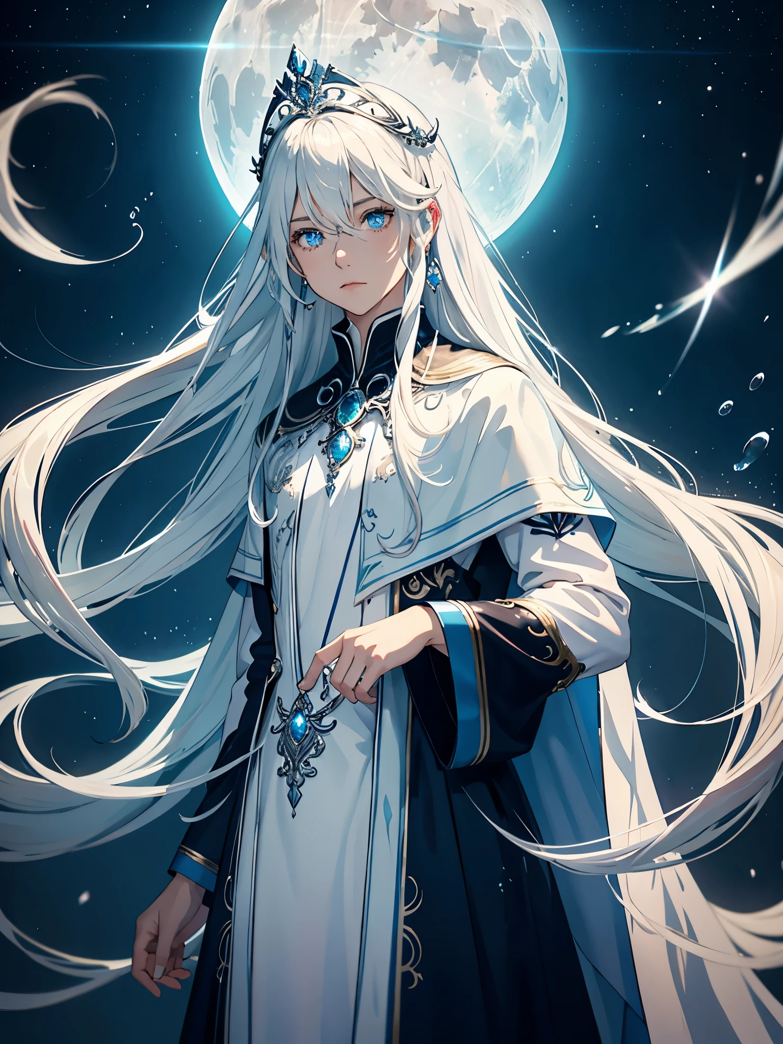 Blue light. Göttlich. Mystisch. Long hair. long white hair. aquatic, boy, Goddess of the Moon, silver hair accessories, White hair, White dress, cape, at night, saturated colors, light eyes, bright, light blue light, blue eyes, Jewelry silver, bluish light, Full moon in the background, aquatic in der Luft rosa kerzen