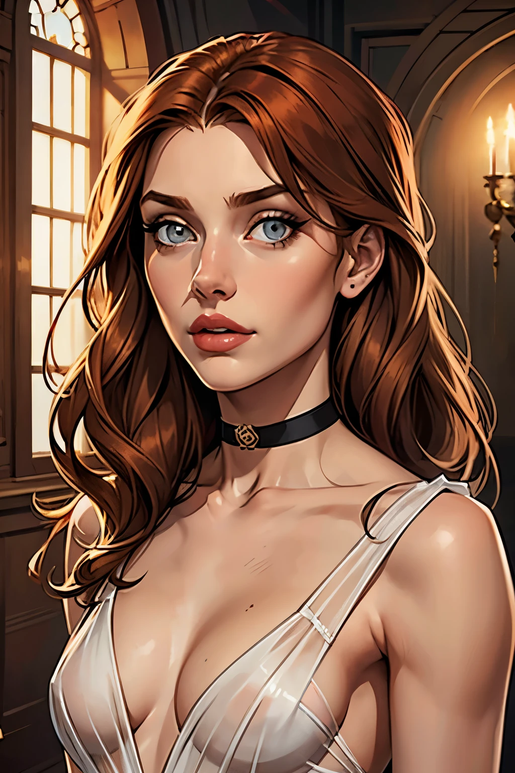 best qualityer, work of art, (realisitic: 1.2), 1 girl, slender girl, ginger hair, eyes browns, 3/4 view, face detailed, gorgeous eyes, eyes gray, eyes large, breasts small, choker, see through gown