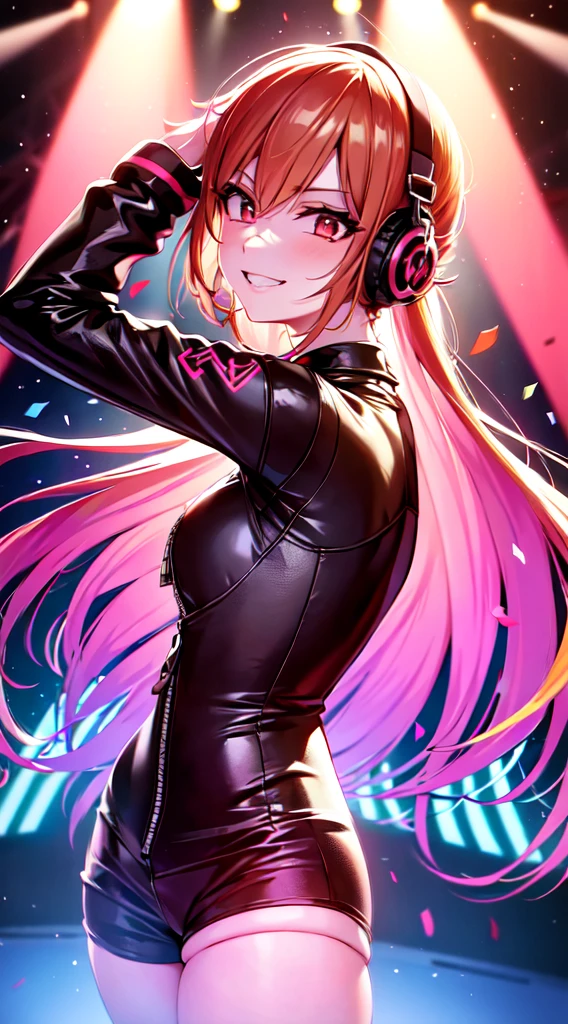 anime girl,short mini red jumpsuit, unzip to belly, headphones,DJ turntable set,club lighting,stage,confetti,dancing,smiling,(best quality:1.2),(ultra-detailed:1.2),(realistic:1.37),HDR,vivid colors,portraits,shorts,headphone girl,energetic pose,colorful lights,stage set,confetti raining,joyful expression,dance floor ,anime style, atmosphere,techno music,electronic dance music,festival vibes,hip hop beats,festival outfit,energetic dance moves,expressive eyes,long braided hairstyle with vibrant blonde color, brown eyes, elaborate makeup neon lights,beaming smile,positive vibes,high-energy performance,stylized backgrounds,colorful visuals,excitement in the air, back view