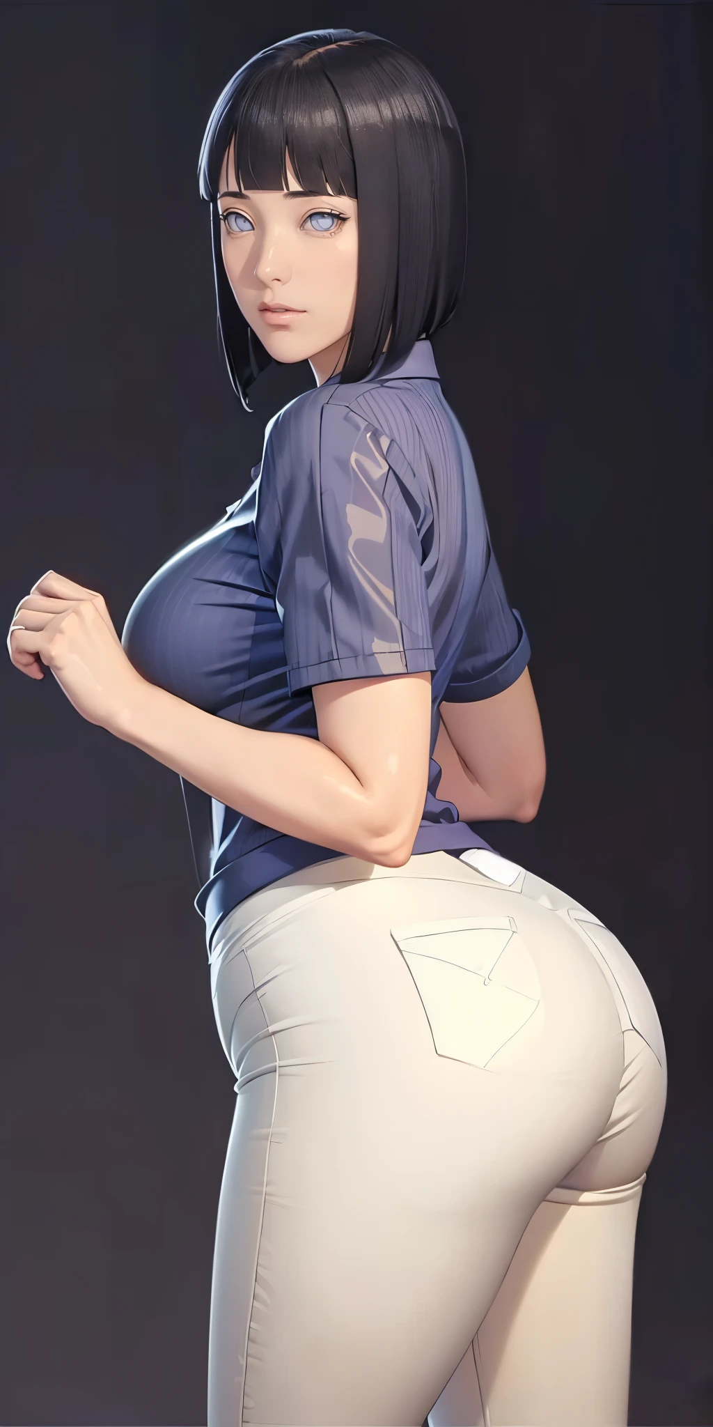 (((Perfect body,White and tender skin,(((ruanyi0533,blue pants,collared shirt,short sleeves,striped,sneakers,white shirt,))),(((hyuugahin,hyuugahin,hinata\(boruto\),hyuugahin, "black long hair", blue eyes,blunt bangs))),((masterpiece)),high resolution, ((Best quality at best)),masterpiece,quality,Best quality,((( Exquisite facial features,Looking at the audience,There is light in the eyes,blush,Happy,lol))),Bend forward,Plump buttocks,From the back))),(((Light and shadow,Huge breasts))),(((Looking at the camera,black background,)))),