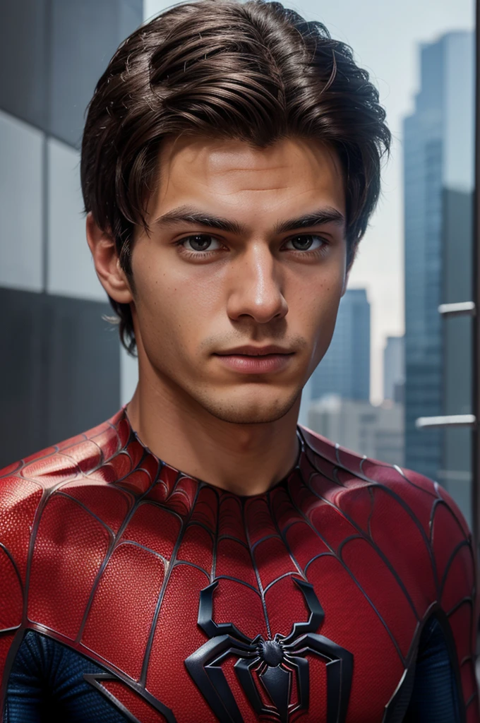 A photograph of spider man, no mask, 20 yo, handsome, detailed face, looking at camera, portrait, 8k uhd, high quality