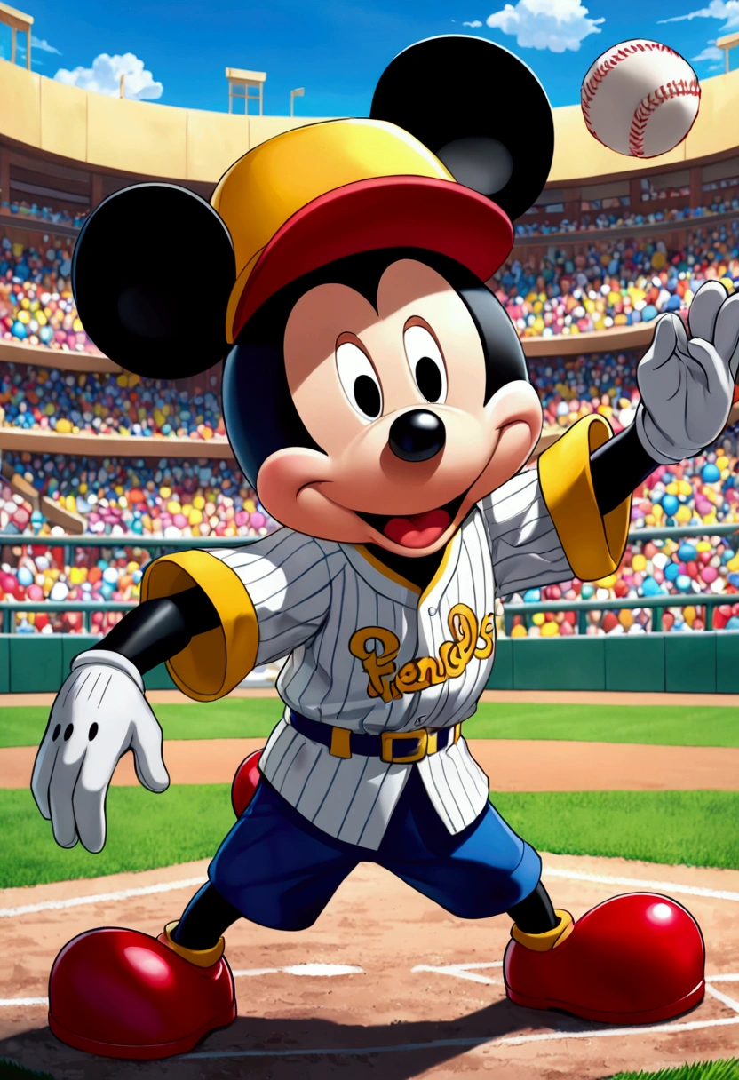 Guffy(form Mickey Mouse and friends)as a baseball player, play as stopper, catch curved ball(catching ball:1.8), iconic catching stance, wink, vivid color, perfect anime style, perfect mix color, super detailed, best quality wallpaper, 8k, absurdity, expressive realism, perfect lightness