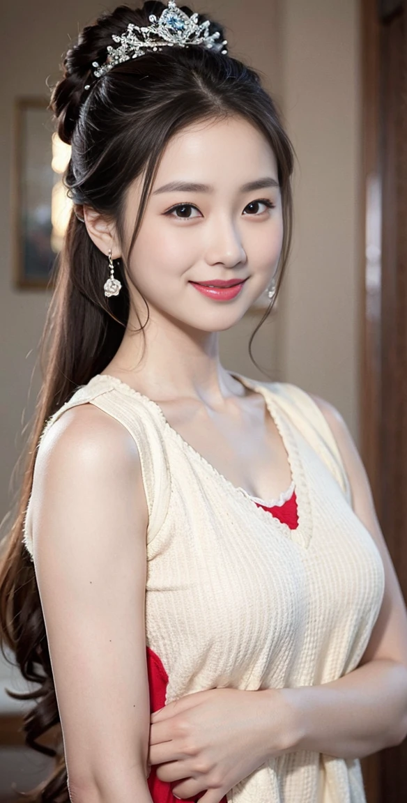 8K picture quality、high resolution、Realistic skin texture、high resolutionの瞳、Miss、日本夏季办公室Miss、Sleeveless knitted shirt、Princess hairstyle、Thin、、32 inches in the chest,(a charming smile:1),、Brown hair、Thin脚、Large target、Sweat accumulates on the chest、roof、Comb your hair up